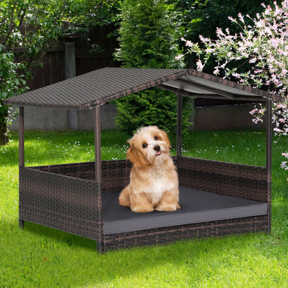 Wicker Dog House with Roof and Removable Cushion for Living Room Yard